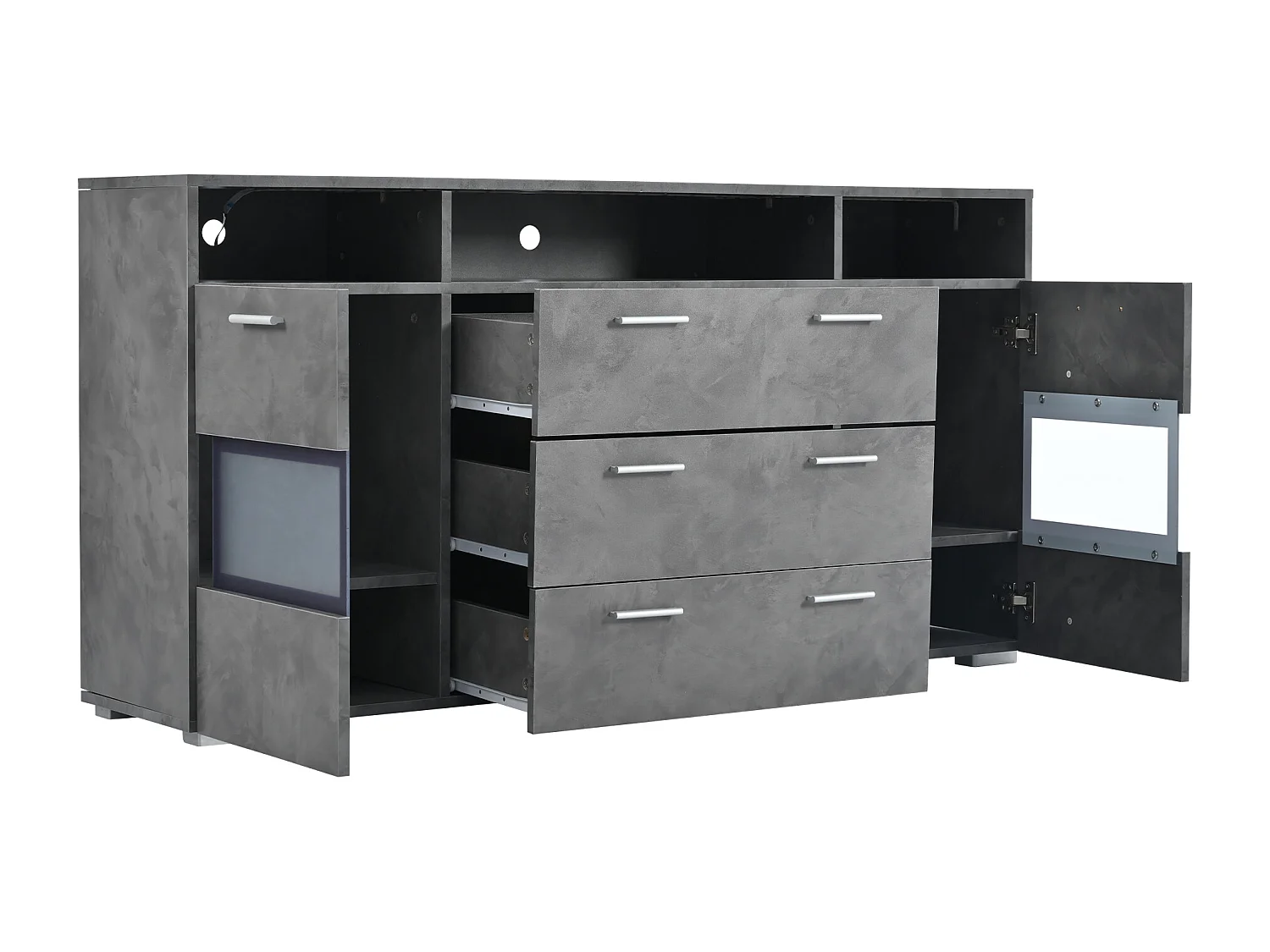 LED eetkamer dressoir met 2 deuren, 3 laden en open opbergruimte - hout - grijs (140x33,5x72,5 cm)