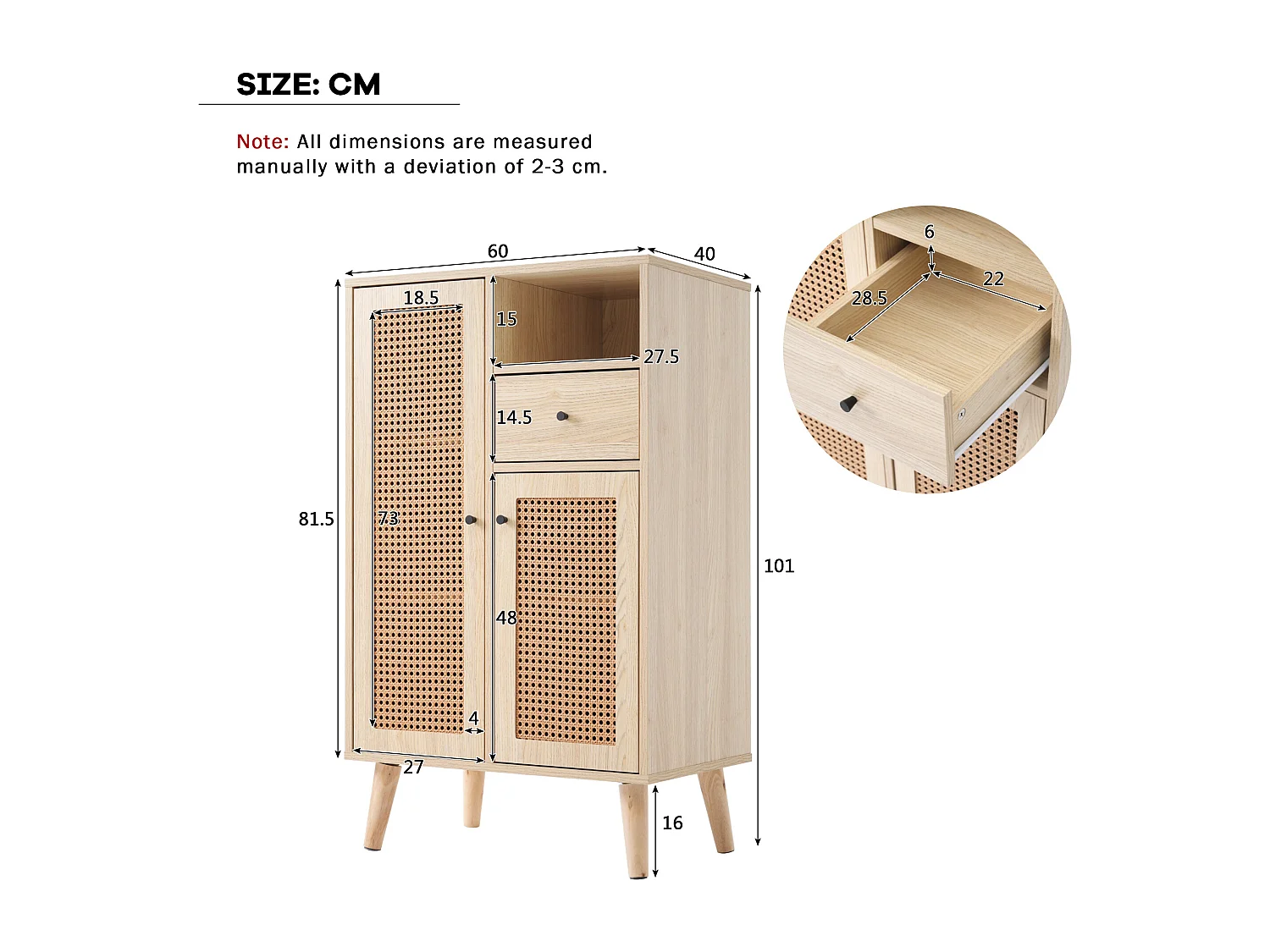 Buffet 60x40x101 cm avec 2 portes en rotin 1 tiroir et rangement ouvert - bois - chêne