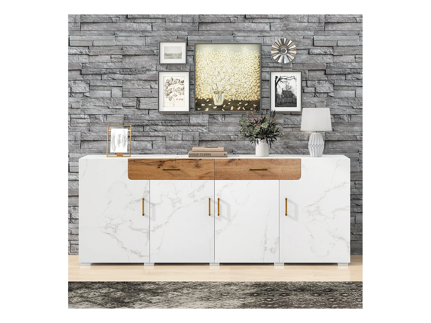 Buffet 208x39.5x80 cm avec 4 portes 2 tiroirs - meuble de rangement - bois - blanc