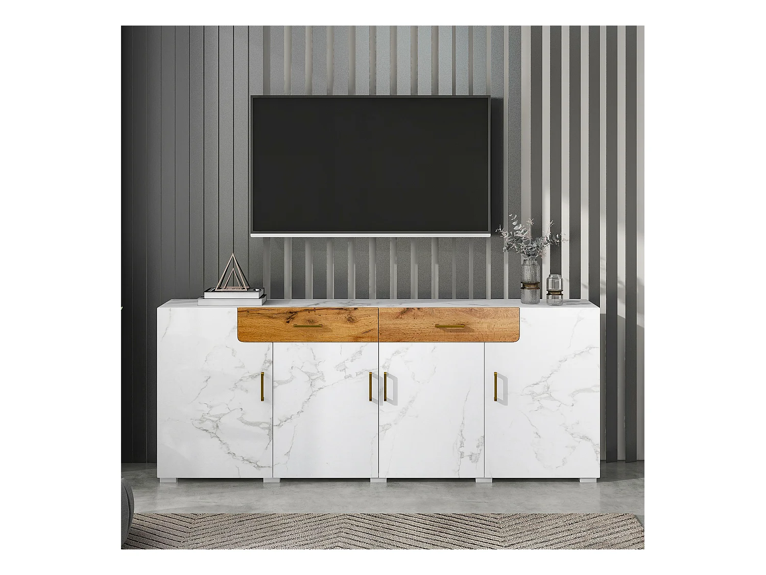 Buffet 208x39.5x80 cm avec 4 portes 2 tiroirs - meuble de rangement - bois - blanc