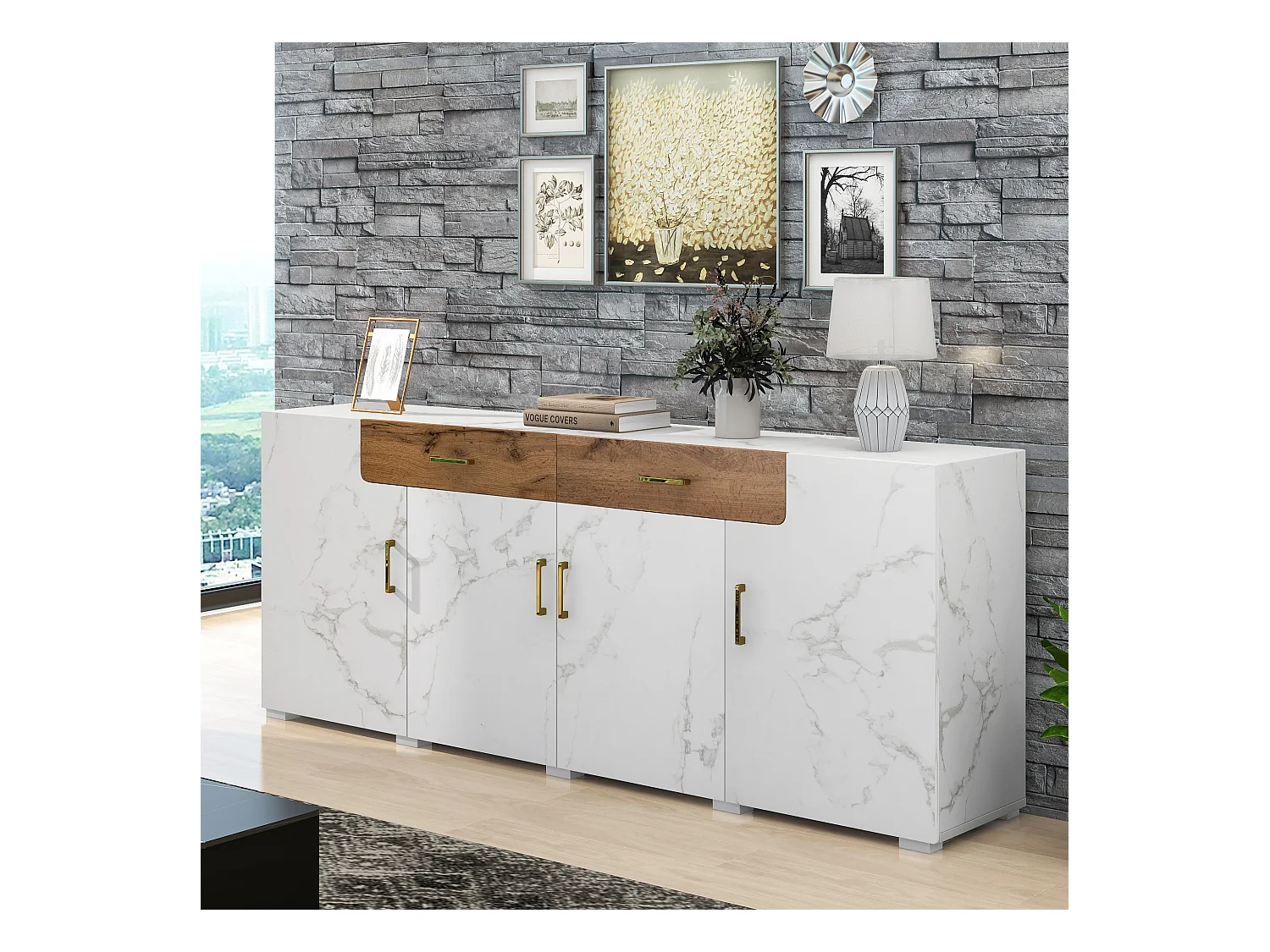 Buffet salle à manger avec 4 portes 2 tiroirs - meuble de rangement - bois - blanc (208x39.5x80 cm)