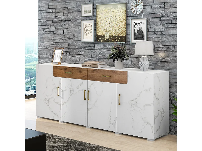 Aparador de comedor con 4 puertas y 2 cajones - mueble de almacenaje - madera - blanco (208x39,5x80 cm)