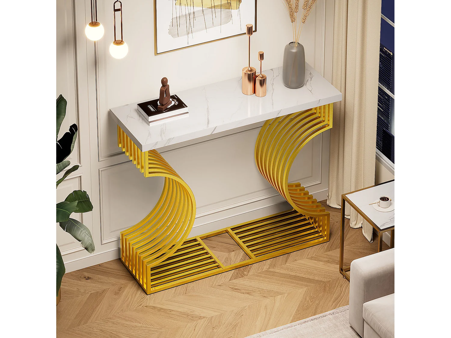 Table console 100x35x80cm moderne à haut brillant - pied en métal réglable - bois - blanc