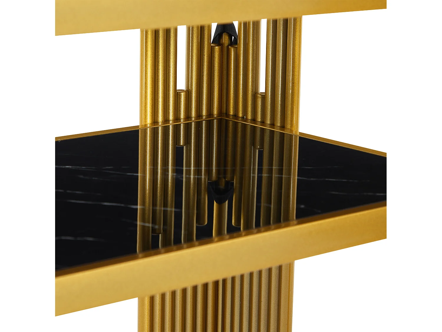 Table console 124x44x80cm avec plateau double noir moderne à haut brillant - pied en métal doré - bois