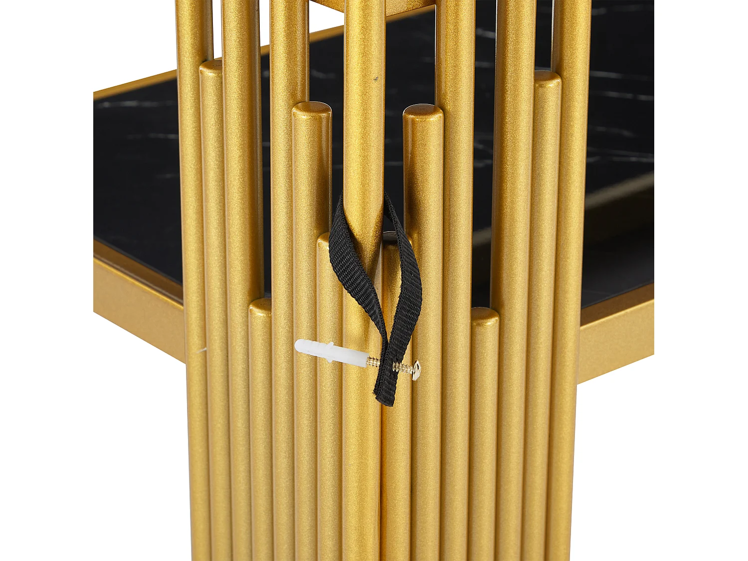 Table console 124x44x80cm avec plateau double noir moderne à haut brillant - pied en métal doré - bois