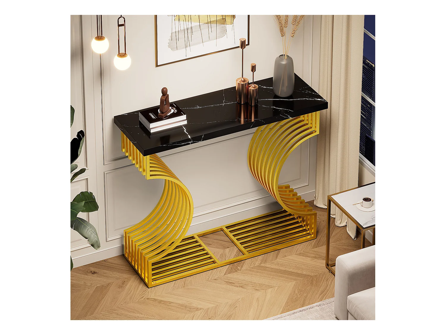 Table console de salon noir moderne à haut brillant - pied en métal réglable - bois - 100x35x80cm