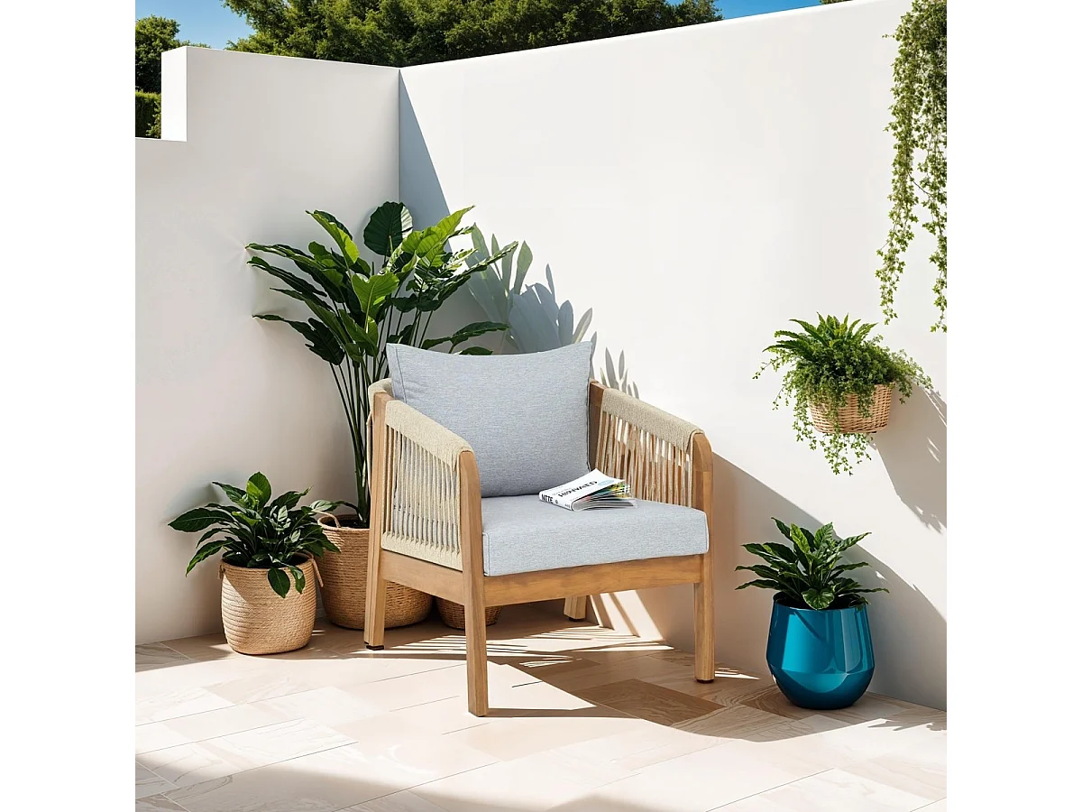 Lot de 2 fauteuils de jardin en bois FSC - coussins gris chiné - Symi