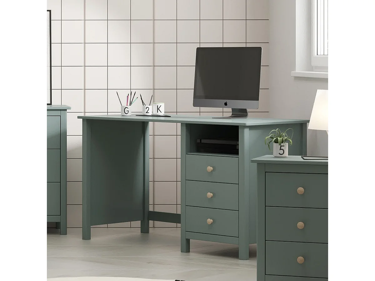 Bureau enfant 3 tiroirs en bois massif vert pétrole 120cm - Melvin