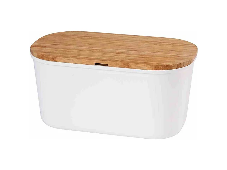 Boite à pain en plastique avec couvercle en bambou - Blanc/Marron - L 37 x H 21,5 cm
