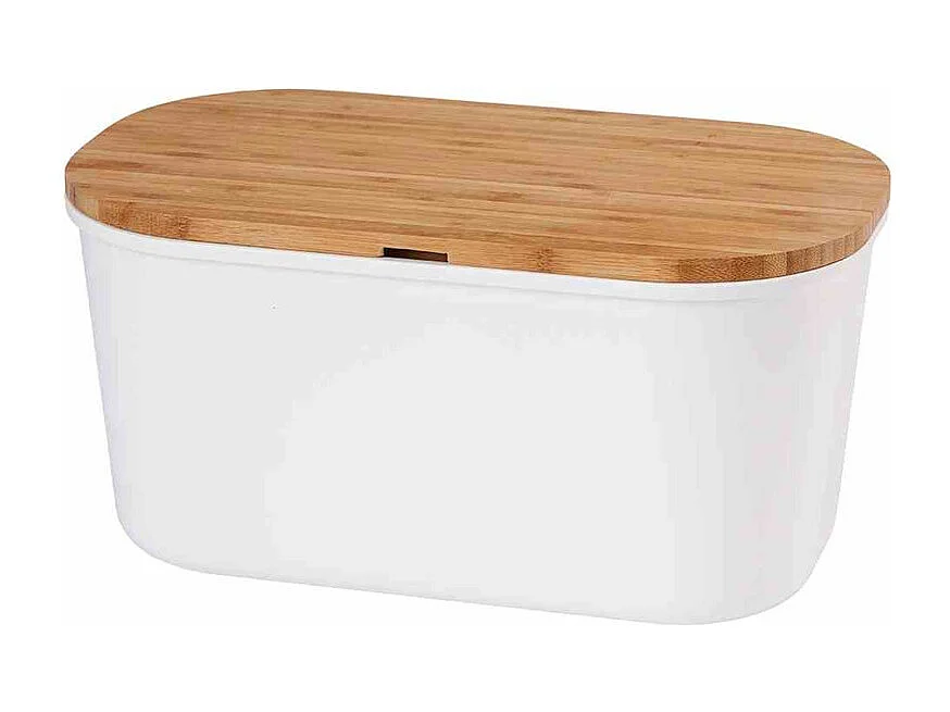 Boite à pain en plastique avec couvercle en bambou - Blanc/Marron - L 37 x H 21,5 cm
