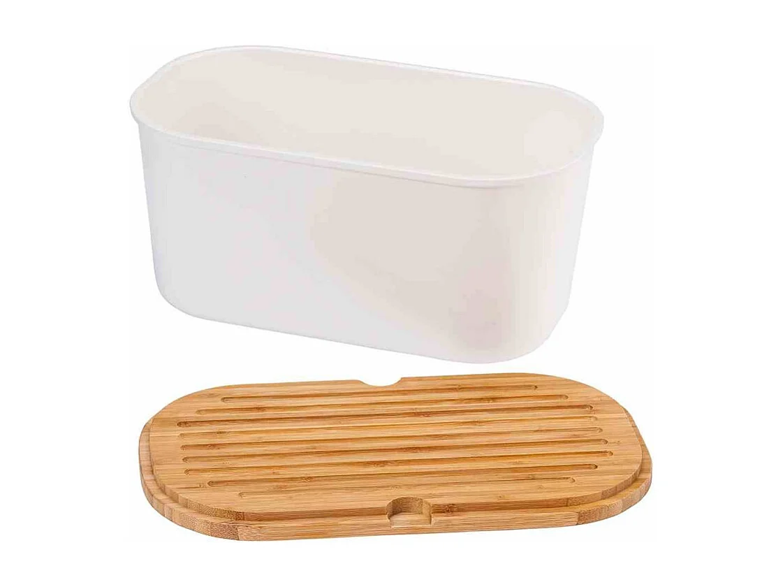 Boite à pain en plastique avec couvercle en bambou - Blanc/Marron - L 37 x H 21,5 cm