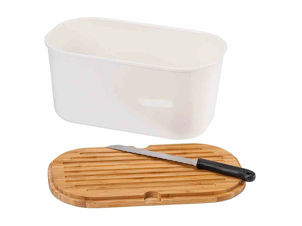 Boite à pain en plastique avec couvercle en bambou - Blanc/Marron - L 37 x H 21,5 cm