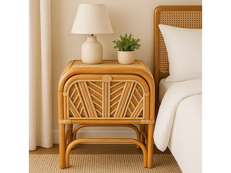 Table de Chevet en Rotin avec Tiroir - Beige - L 46 x l 36 x H 54 cm - Chevet Authentique - Matériaux Naturels