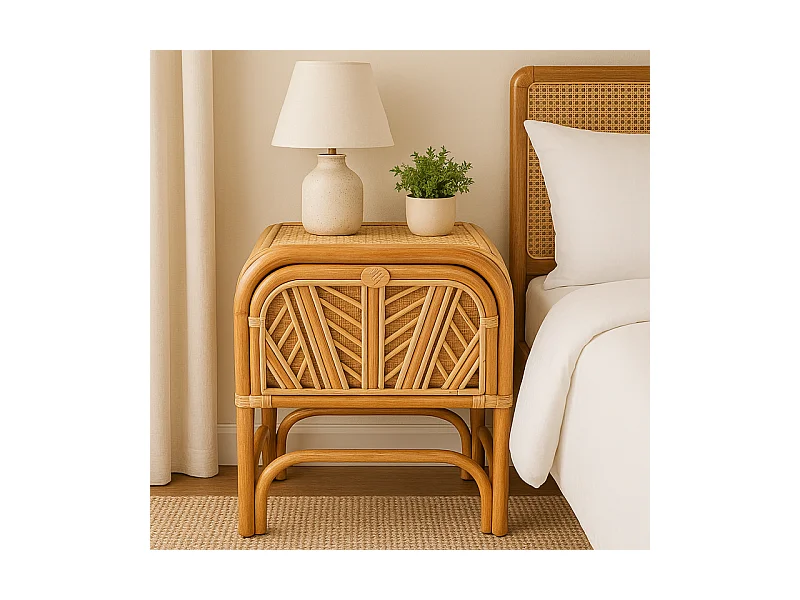 Table de Chevet en Rotin avec Tiroir - Beige - L 46 x l 36 x H 54 cm - Chevet Authentique - Matériaux Naturels