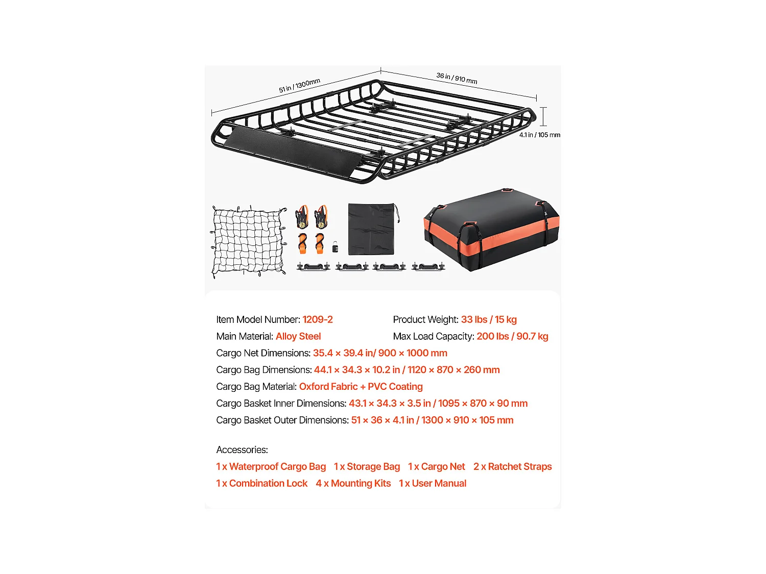 Porte-Bagage pour Voiture SucceBuy, 130 x 91 x 10,5 cm, Panier de Toit Universel en Acier Allié Antirouille, Capacité de Maximale de 90,7 kg, pour SUV Camion