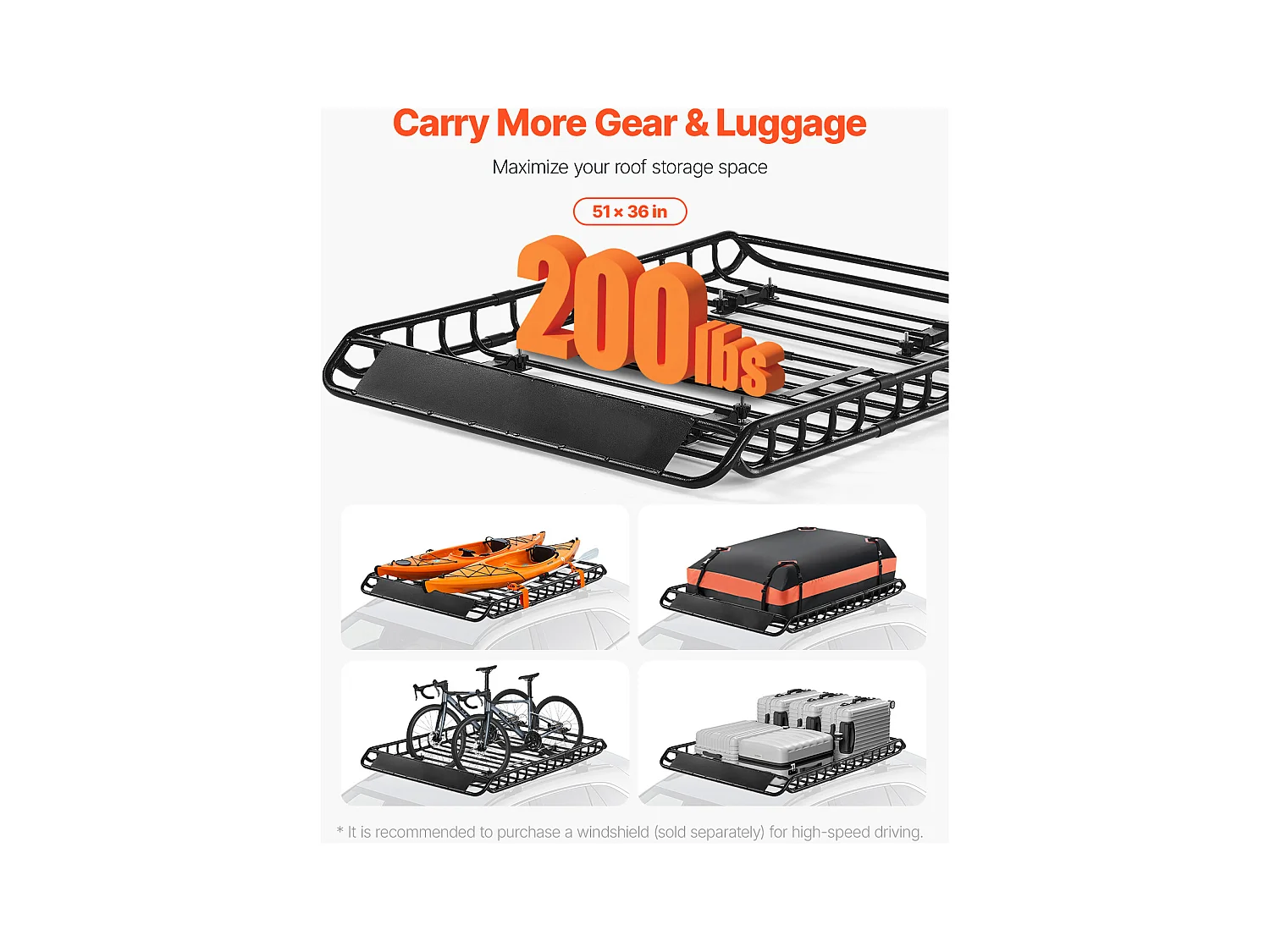 Porte-Bagage pour Voiture SucceBuy, 130 x 91 x 10,5 cm, Panier de Toit Universel en Acier Allié Antirouille, Capacité de Maximale de 90,7 kg, pour SUV Camion