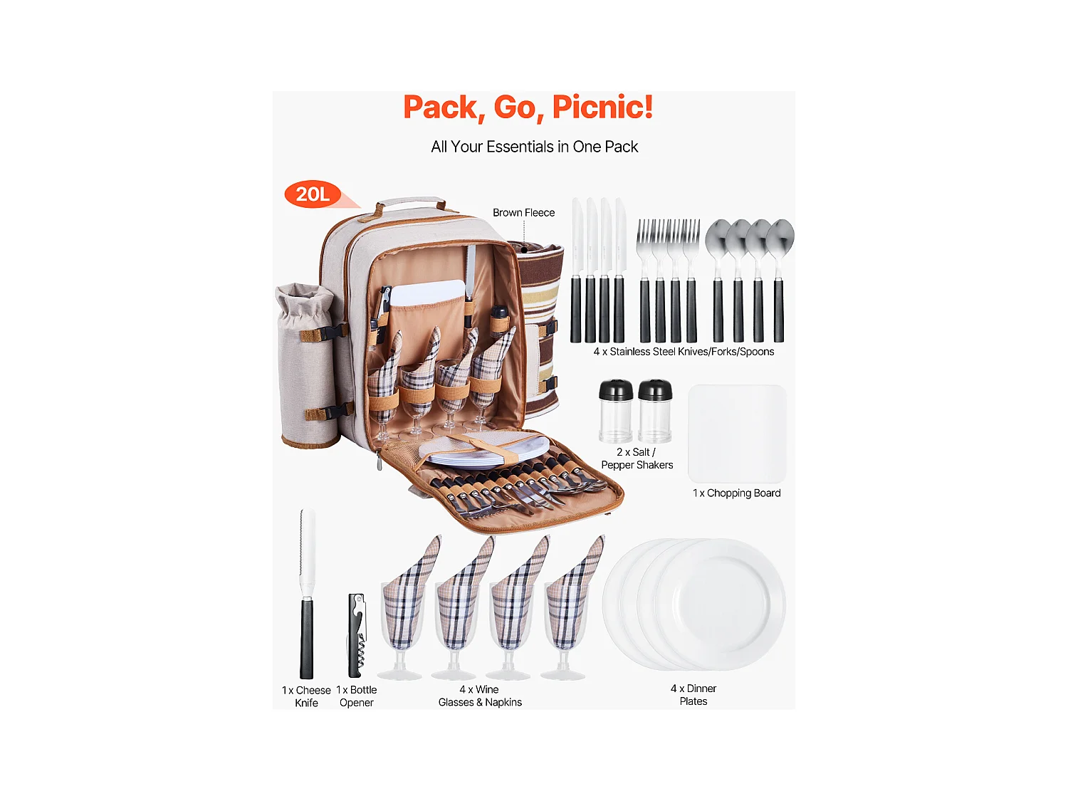 Sac à Dos Isotherme SucceBuy pour 4 Personnes, Sac à Dos de Pique-nique avec Compartiment Isotherme, Kit Assiettes et Couverts, pour Randonnée