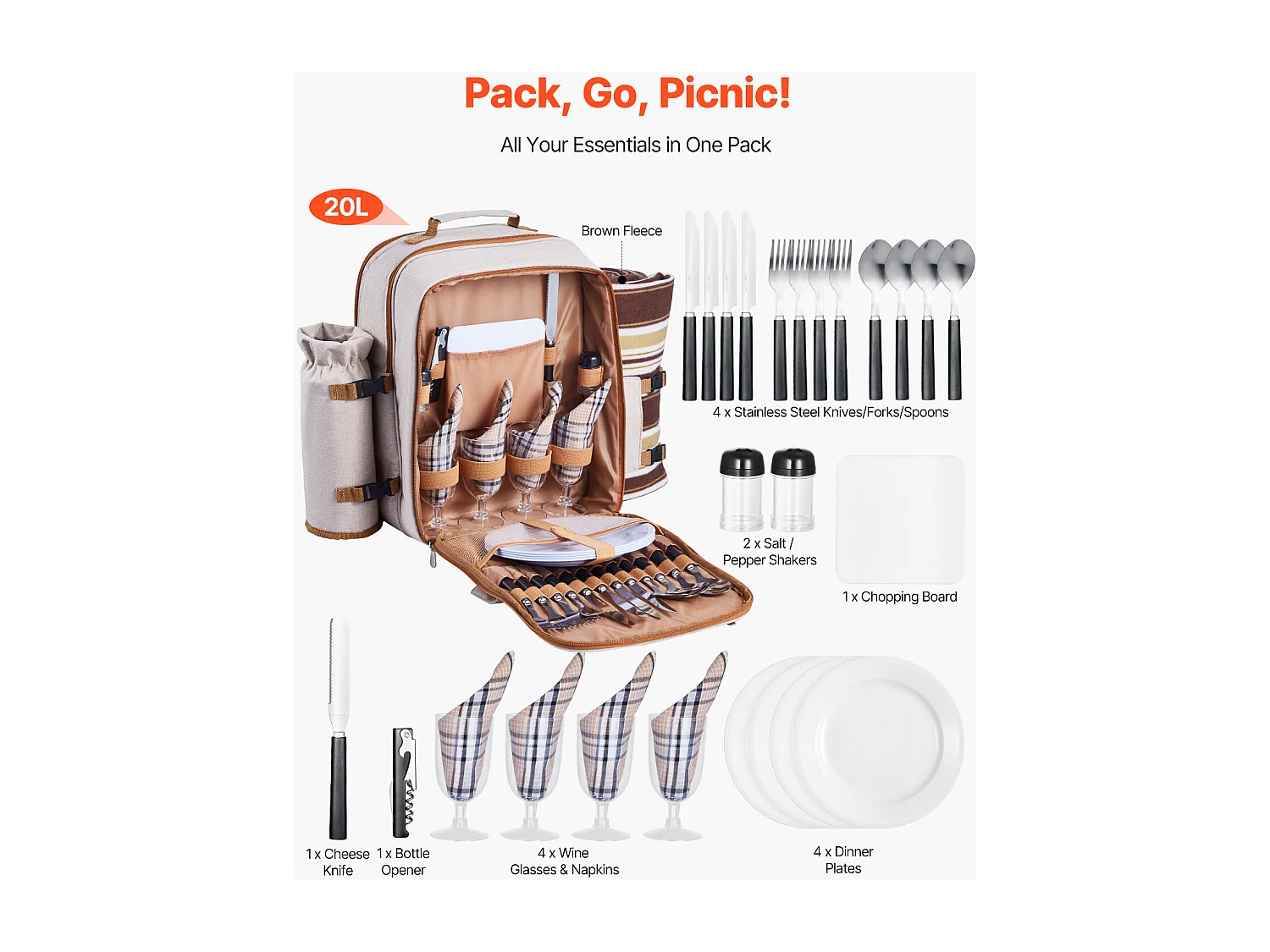 Sac à Dos Isotherme SucceBuy pour 4 Personnes, Sac à Dos de Pique-nique avec Compartiment Isotherme, Kit Assiettes et Couverts, pour Randonnée