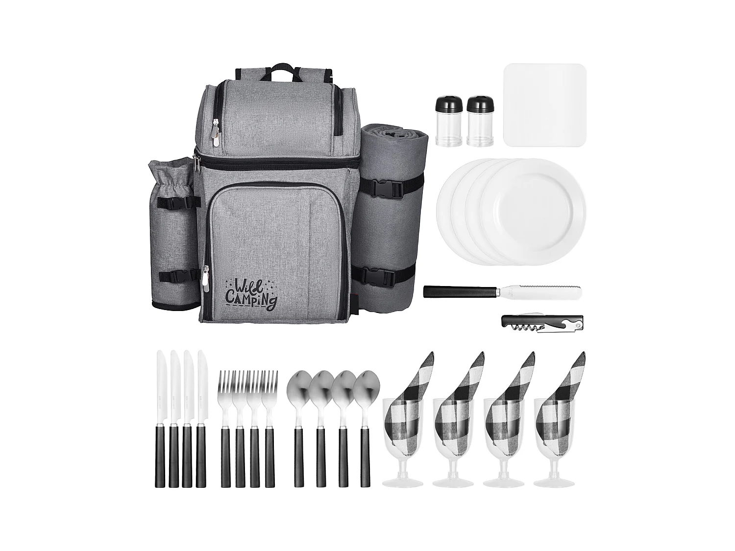 Sac à Dos Isotherme SucceBuy pour 4 Personnes, Sac à Dos de Pique-nique avec Compartiment Isotherme, Kit Assiettes et Couverts, pour Randonnée, Gris