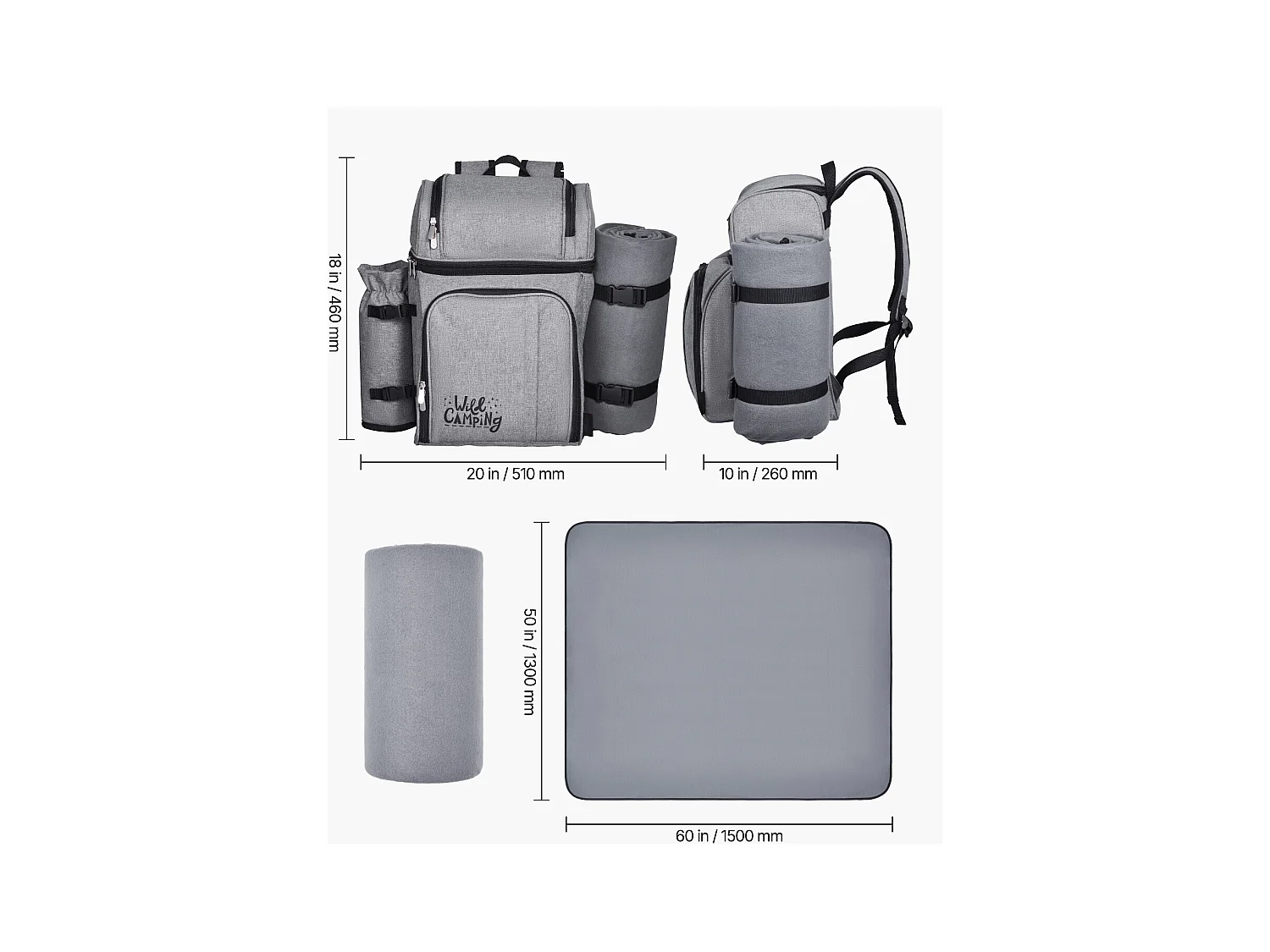 Sac à Dos Isotherme SucceBuy pour 4 Personnes, Sac à Dos de Pique-nique avec Compartiment Isotherme, Kit Assiettes et Couverts, pour Randonnée, Gris