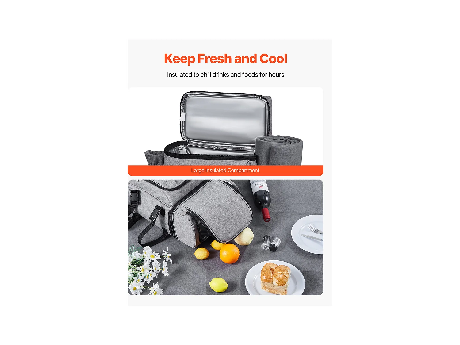 Sac à Dos Isotherme SucceBuy pour 4 Personnes, Sac à Dos de Pique-nique avec Compartiment Isotherme, Kit Assiettes et Couverts, pour Randonnée, Gris