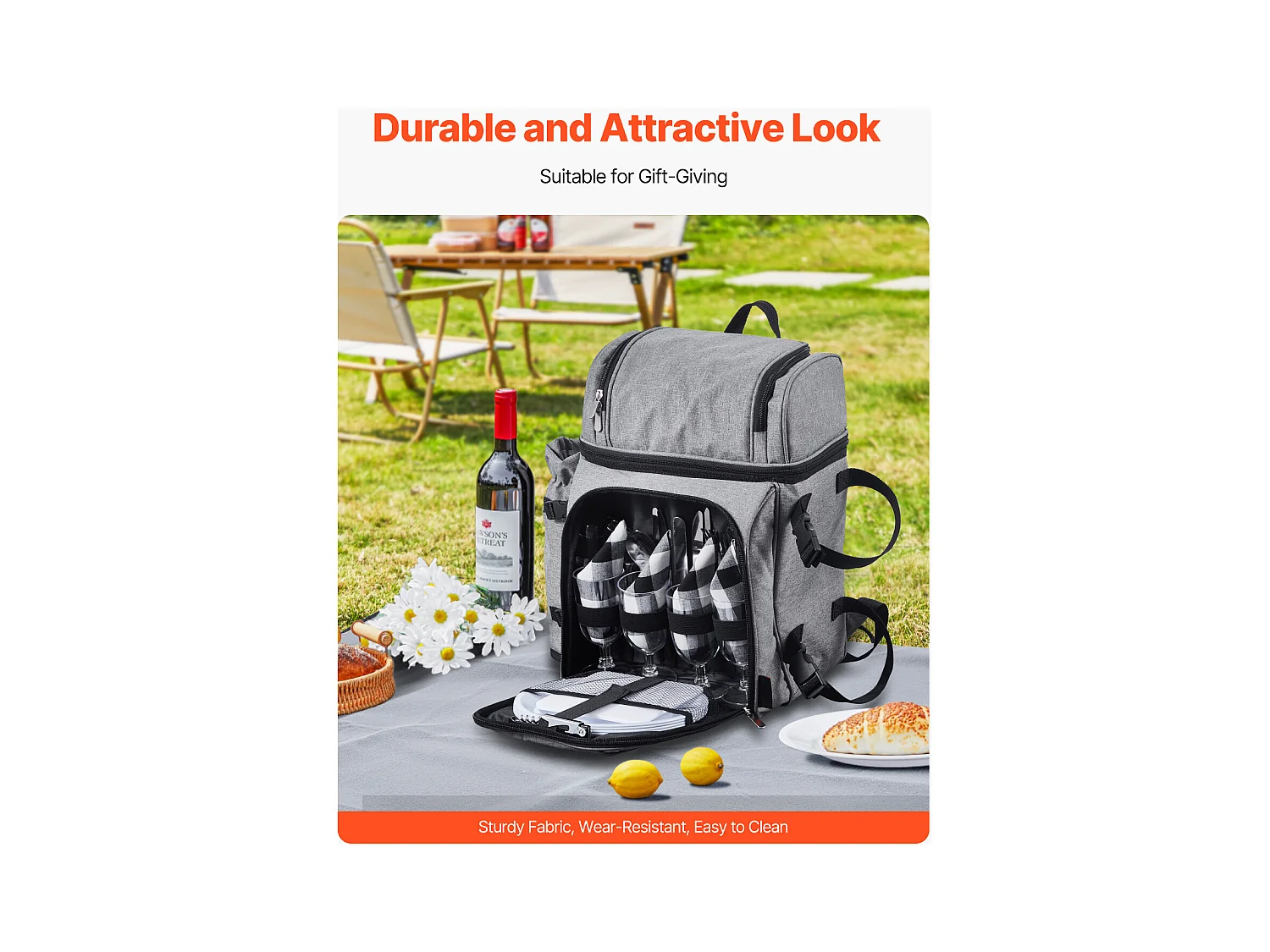 Sac à Dos Isotherme SucceBuy pour 4 Personnes, Sac à Dos de Pique-nique avec Compartiment Isotherme, Kit Assiettes et Couverts, pour Randonnée, Gris