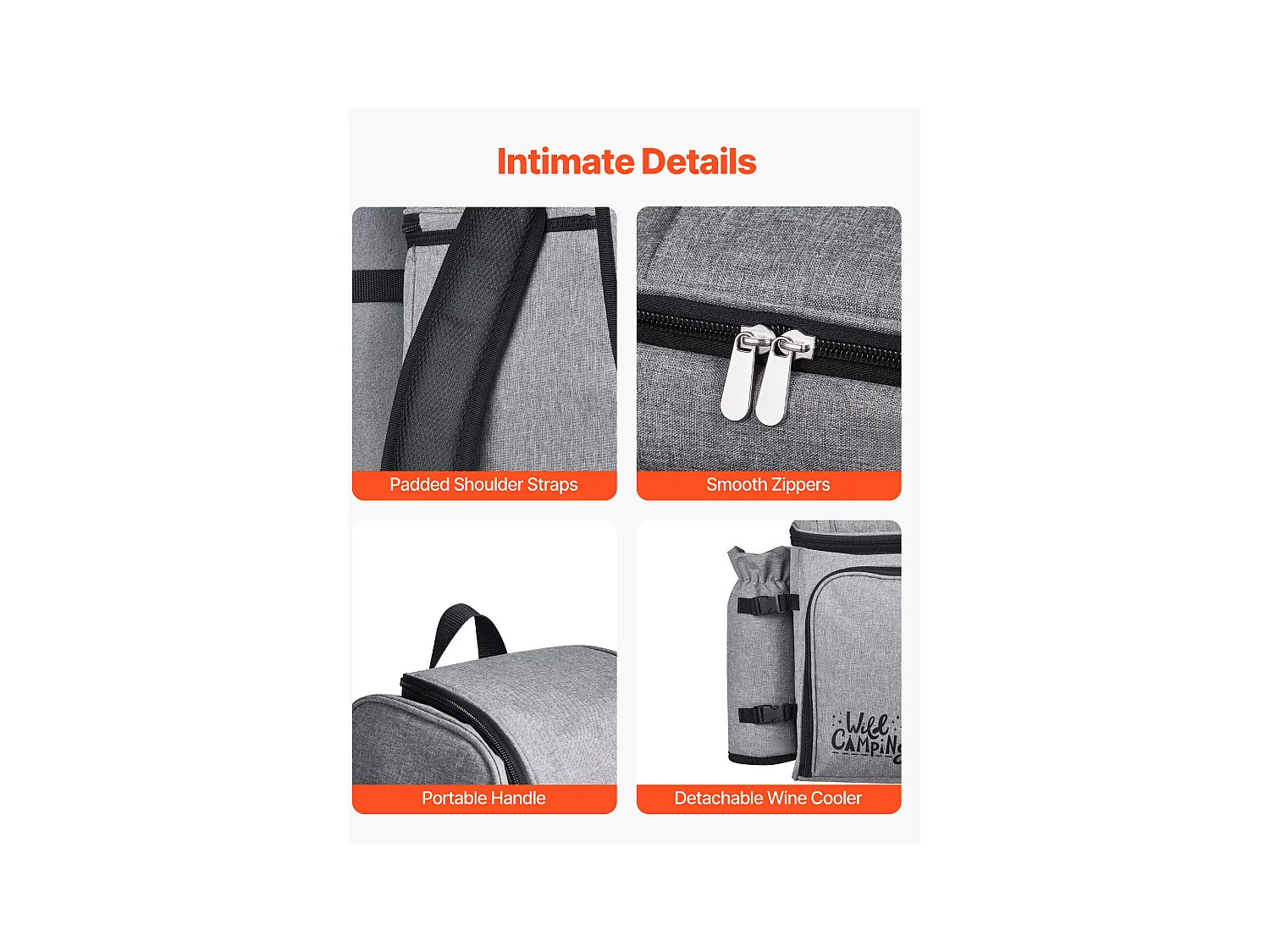 Sac à Dos Isotherme SucceBuy pour 4 Personnes, Sac à Dos de Pique-nique avec Compartiment Isotherme, Kit Assiettes et Couverts, pour Randonnée, Gris