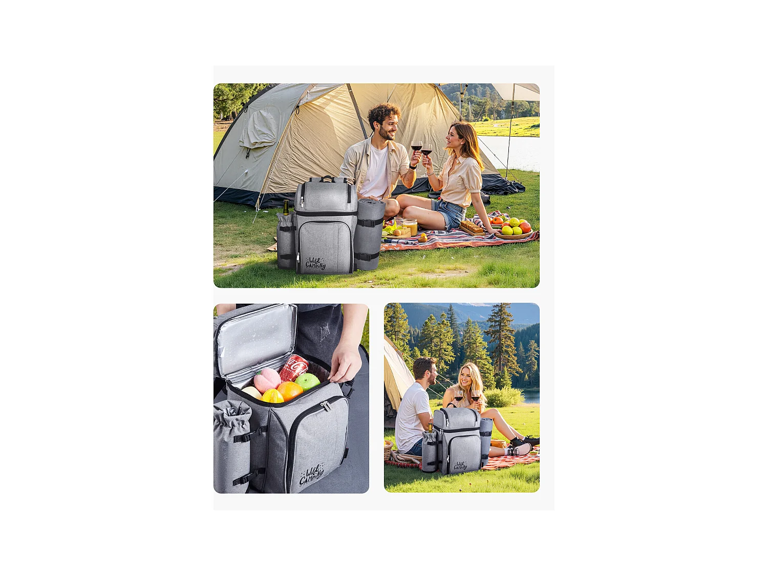 Sac à Dos Isotherme SucceBuy pour 4 Personnes, Sac à Dos de Pique-nique avec Compartiment Isotherme, Kit Assiettes et Couverts, pour Randonnée, Gris