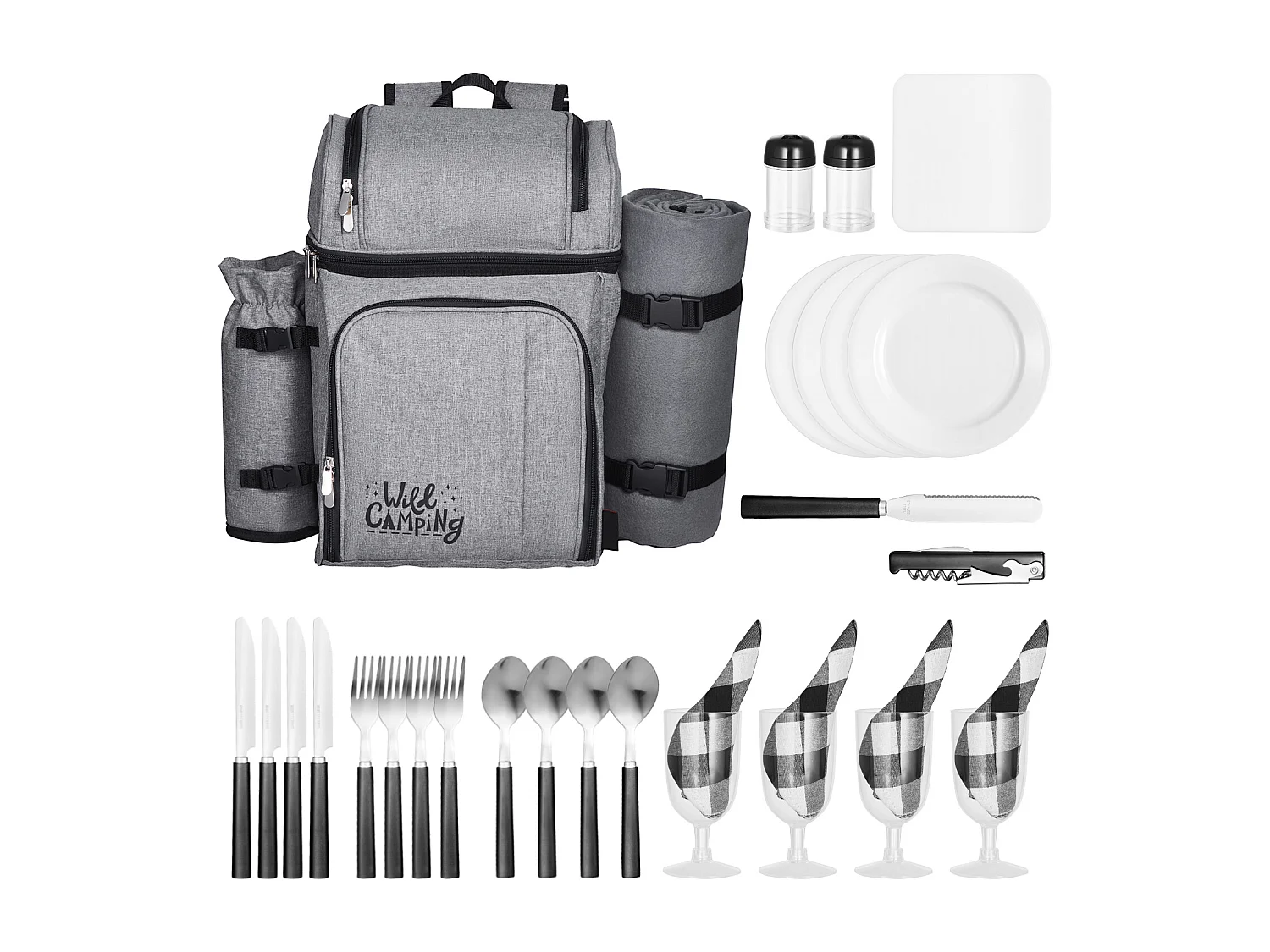 Isolierrucksack SucceBuy für 4 Personen, Picknickrucksack mit Isolierfach, Teller- und Besteckset, für Wanderungen, Grau