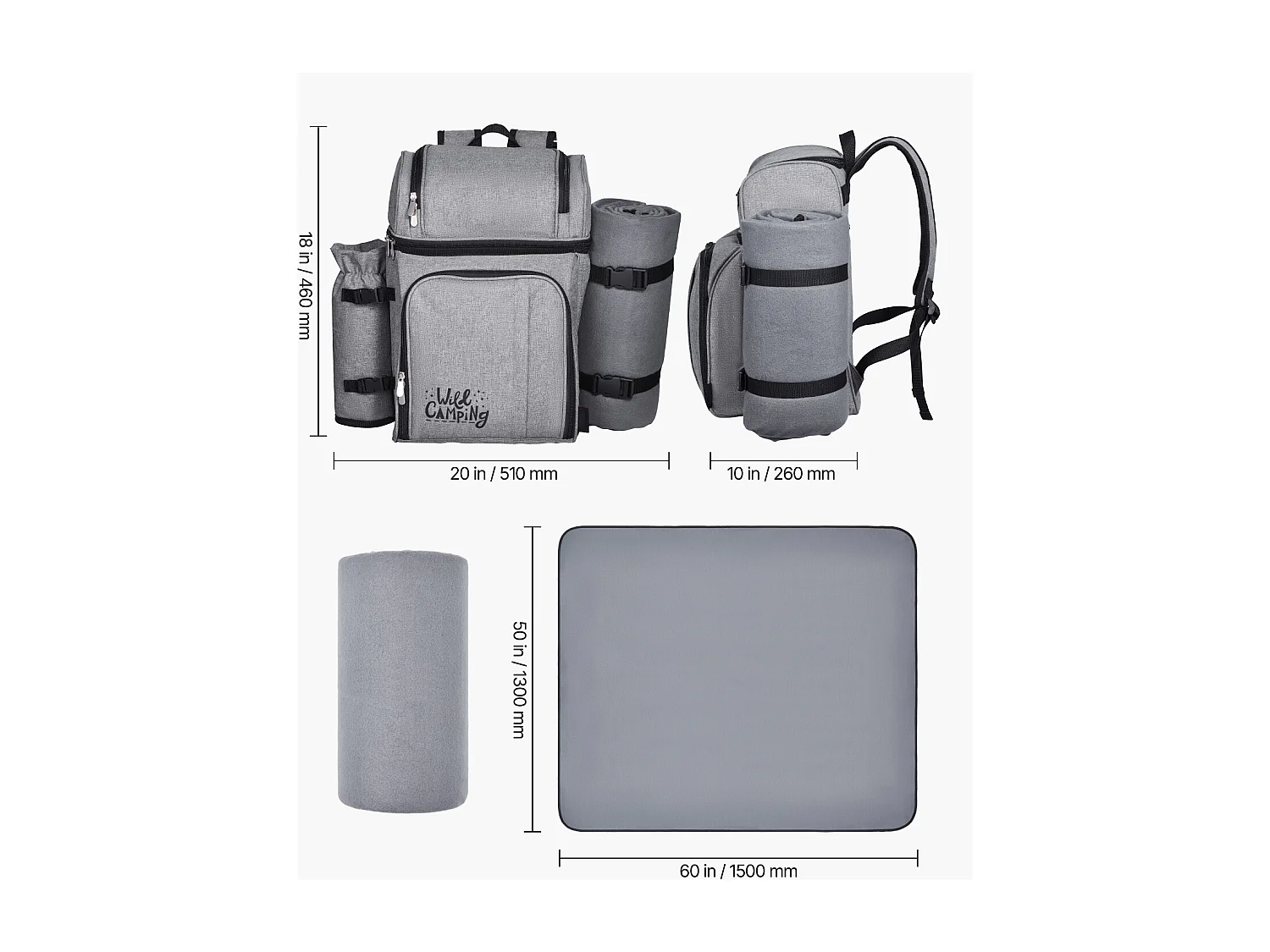 Isolierrucksack SucceBuy für 4 Personen, Picknickrucksack mit Isolierfach, Teller- und Besteckset, für Wanderungen, Grau