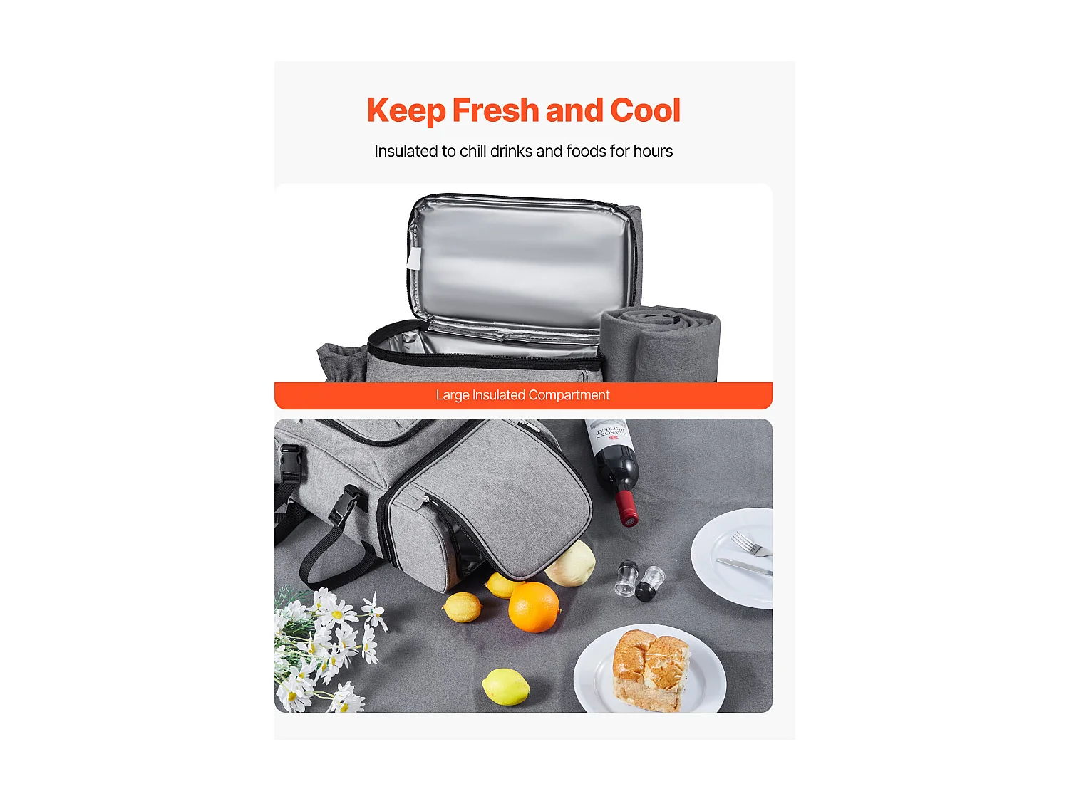 Isolierrucksack SucceBuy für 4 Personen, Picknickrucksack mit Isolierfach, Teller- und Besteckset, für Wanderungen, Grau