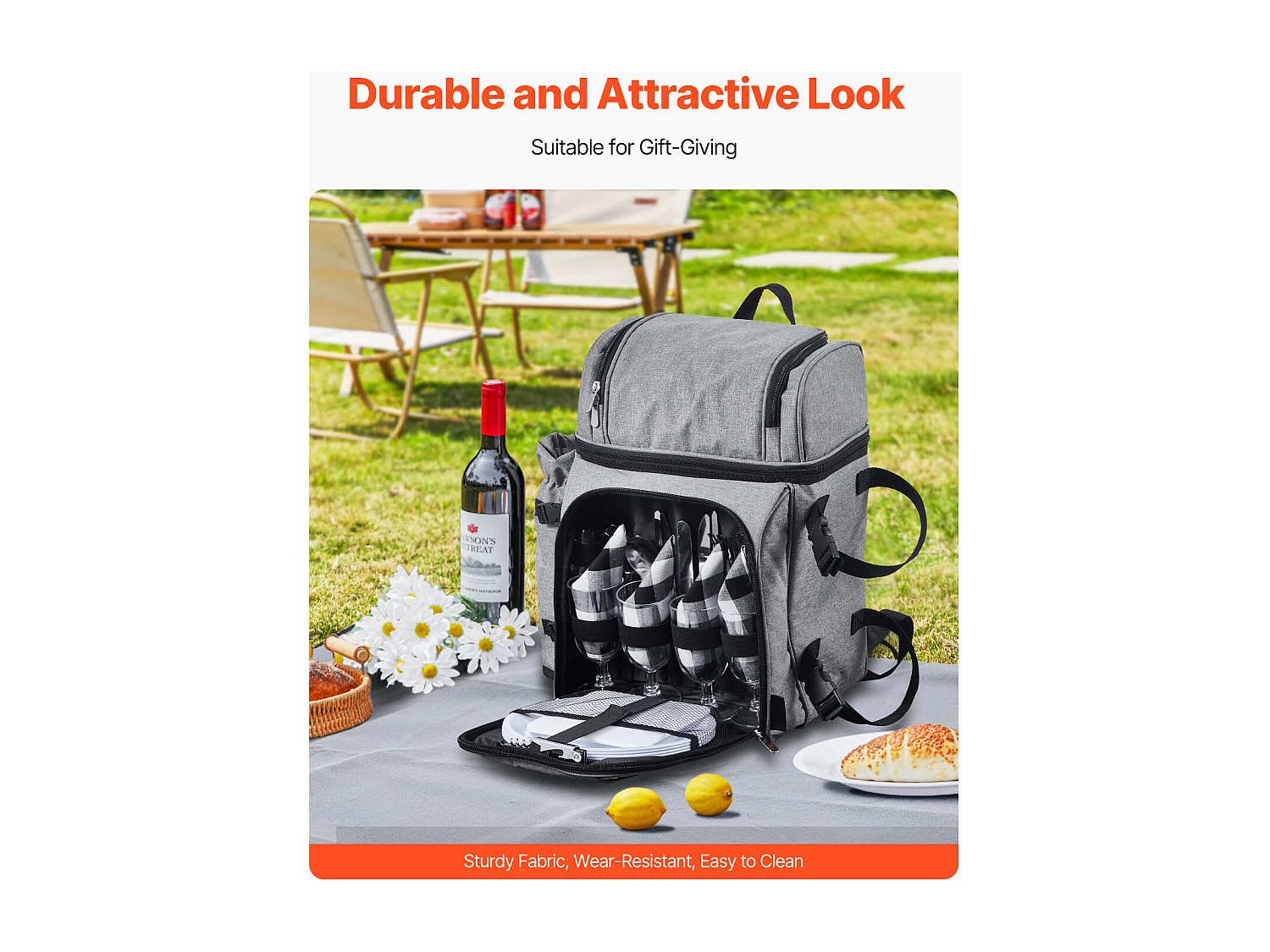 Isolierrucksack SucceBuy für 4 Personen, Picknickrucksack mit Isolierfach, Teller- und Besteckset, für Wanderungen, Grau