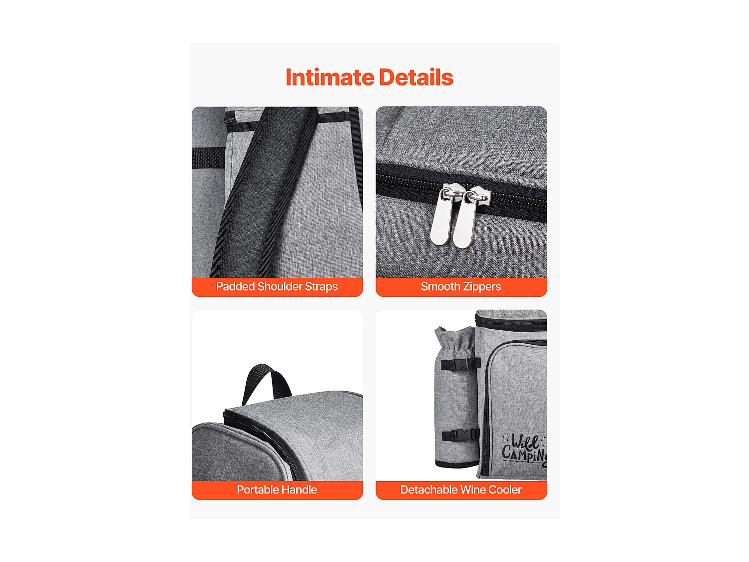 Isolierrucksack SucceBuy für 4 Personen, Picknickrucksack mit Isolierfach, Teller- und Besteckset, für Wanderungen, Grau