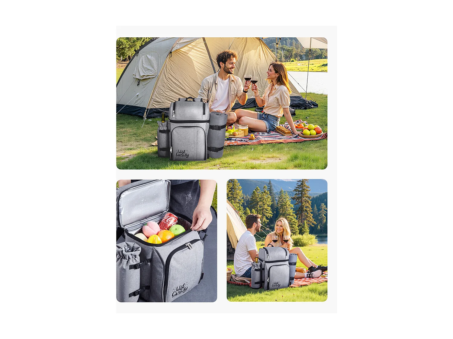 Isolierrucksack SucceBuy für 4 Personen, Picknickrucksack mit Isolierfach, Teller- und Besteckset, für Wanderungen, Grau