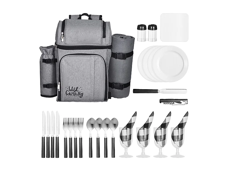 Isolierrucksack SucceBuy für 4 Personen, Picknickrucksack mit Isolierfach, Teller- und Besteckset, für Wanderungen, Grau