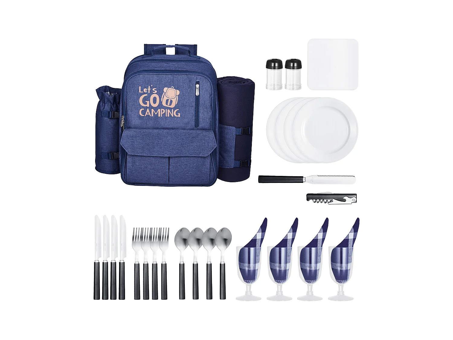 Sac à Dos Isotherme SucceBuy pour 4 Personnes, Sac à Dos de Pique-nique avec Compartiment Isotherme, Kit Assiettes et Couverts, pour Randonnée, Bleu Marine