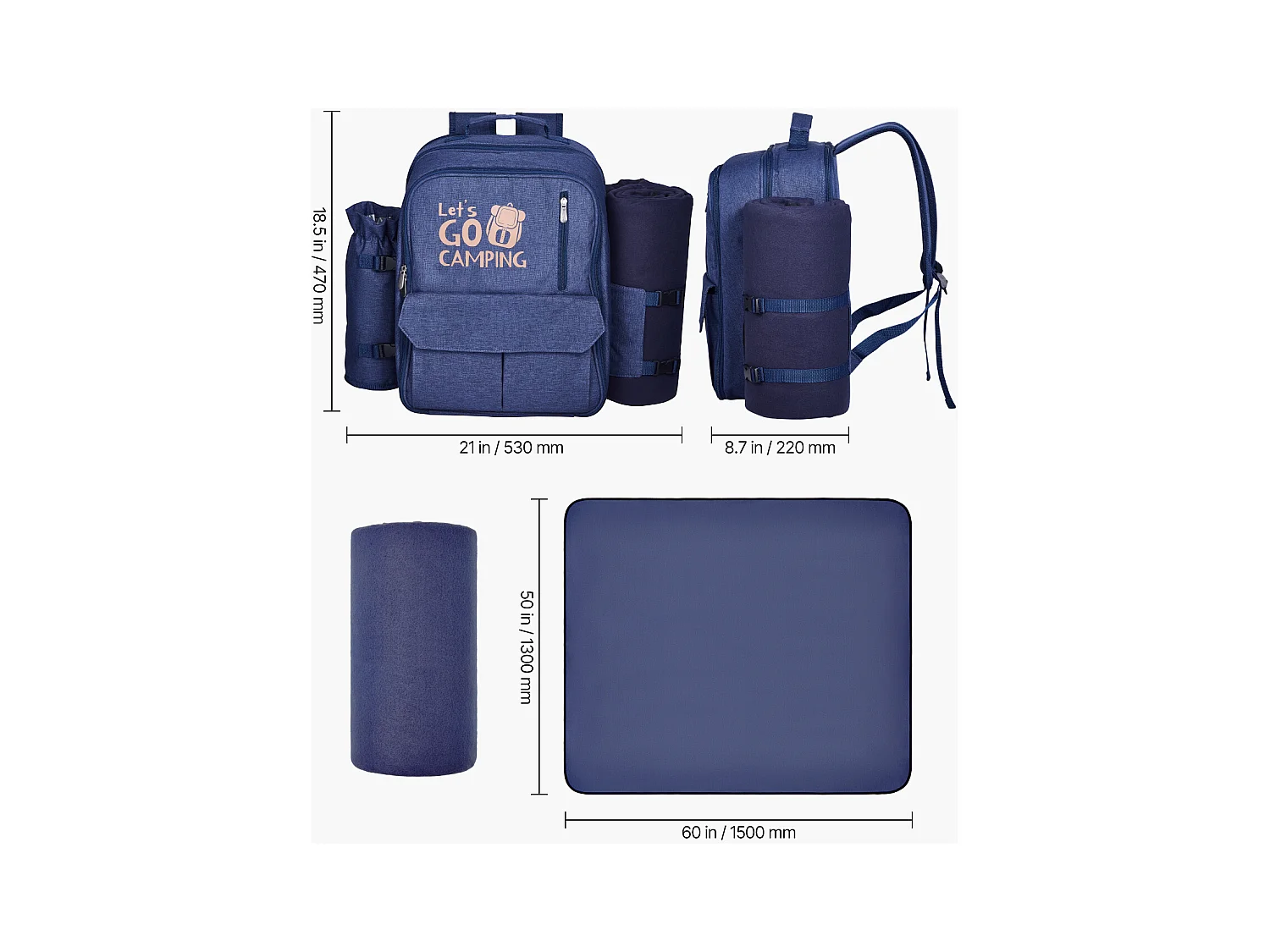 Sac à Dos Isotherme SucceBuy pour 4 Personnes, Sac à Dos de Pique-nique avec Compartiment Isotherme, Kit Assiettes et Couverts, pour Randonnée, Bleu Marine