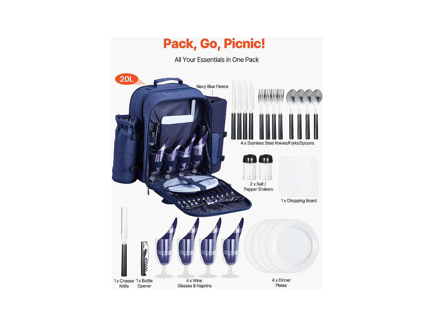 Sac à Dos Isotherme SucceBuy pour 4 Personnes, Sac à Dos de Pique-nique avec Compartiment Isotherme, Kit Assiettes et Couverts, pour Randonnée, Bleu Marine