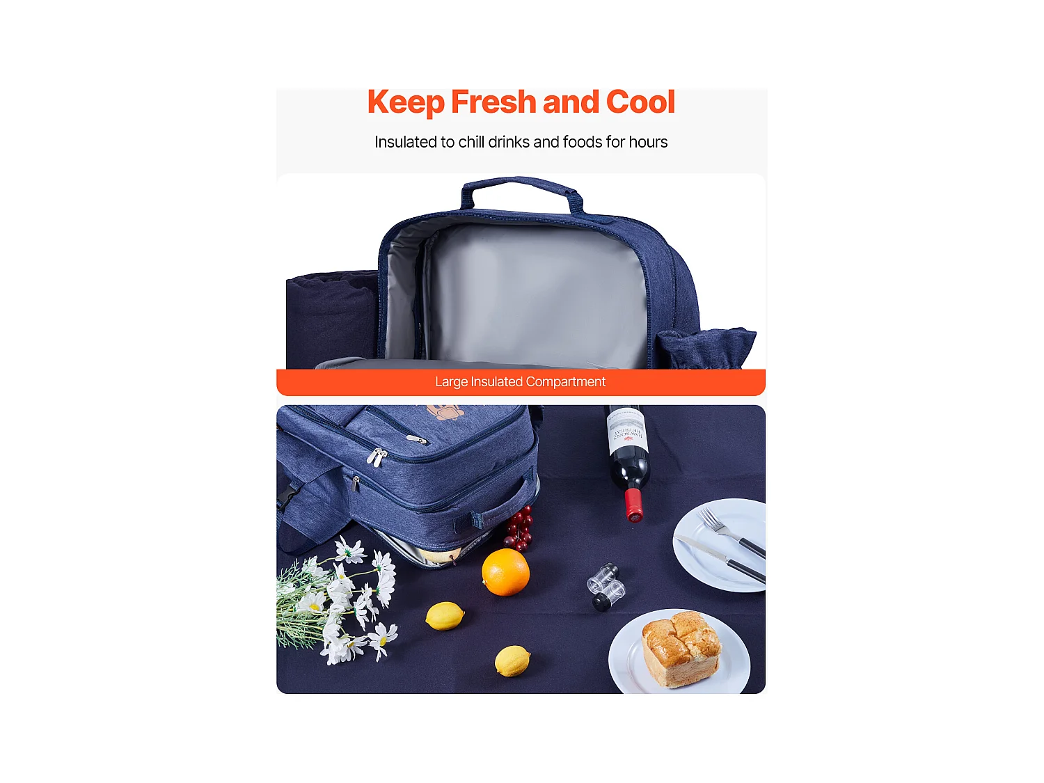 Sac à Dos Isotherme SucceBuy pour 4 Personnes, Sac à Dos de Pique-nique avec Compartiment Isotherme, Kit Assiettes et Couverts, pour Randonnée, Bleu Marine