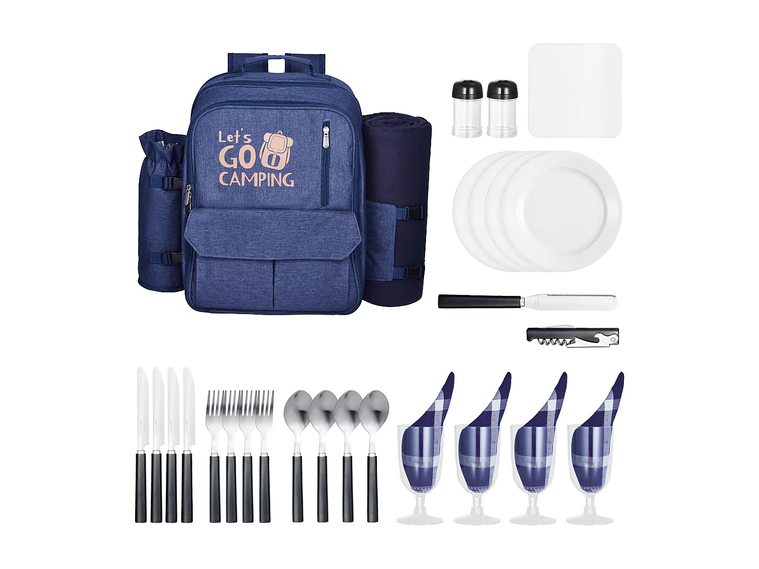 Sac à Dos Isotherme SucceBuy pour 4 Personnes, Sac à Dos de Pique-nique avec Compartiment Isotherme, Kit Assiettes et Couverts, pour Randonnée, Bleu Marine