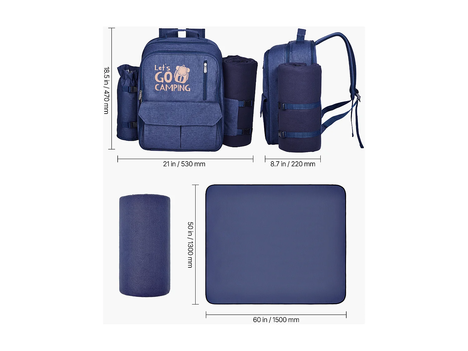 Sac à Dos Isotherme SucceBuy pour 4 Personnes, Sac à Dos de Pique-nique avec Compartiment Isotherme, Kit Assiettes et Couverts, pour Randonnée, Bleu Marine