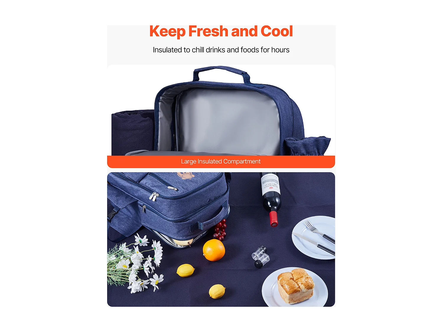 Sac à Dos Isotherme SucceBuy pour 4 Personnes, Sac à Dos de Pique-nique avec Compartiment Isotherme, Kit Assiettes et Couverts, pour Randonnée, Bleu Marine