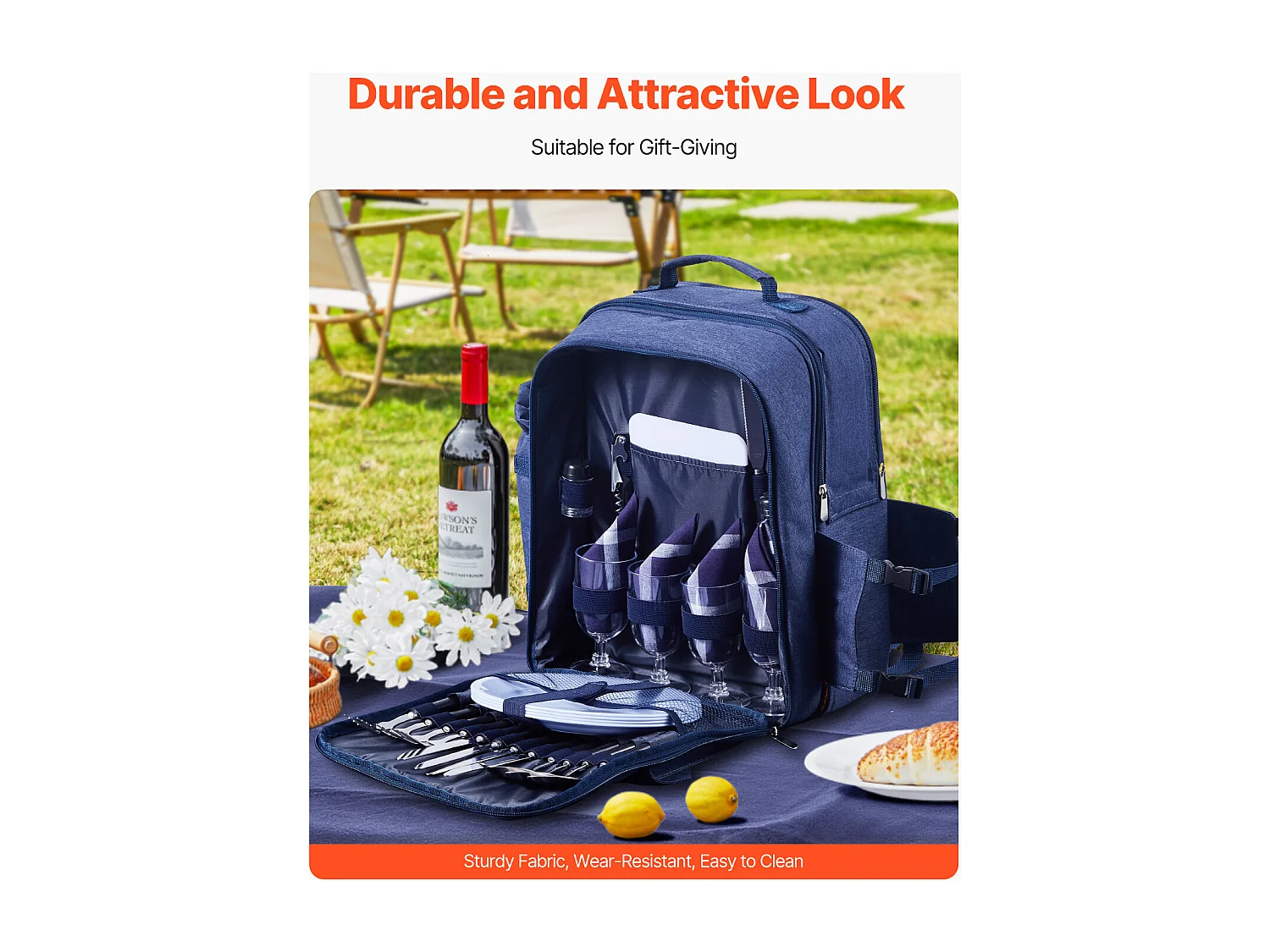 Sac à Dos Isotherme SucceBuy pour 4 Personnes, Sac à Dos de Pique-nique avec Compartiment Isotherme, Kit Assiettes et Couverts, pour Randonnée, Bleu Marine