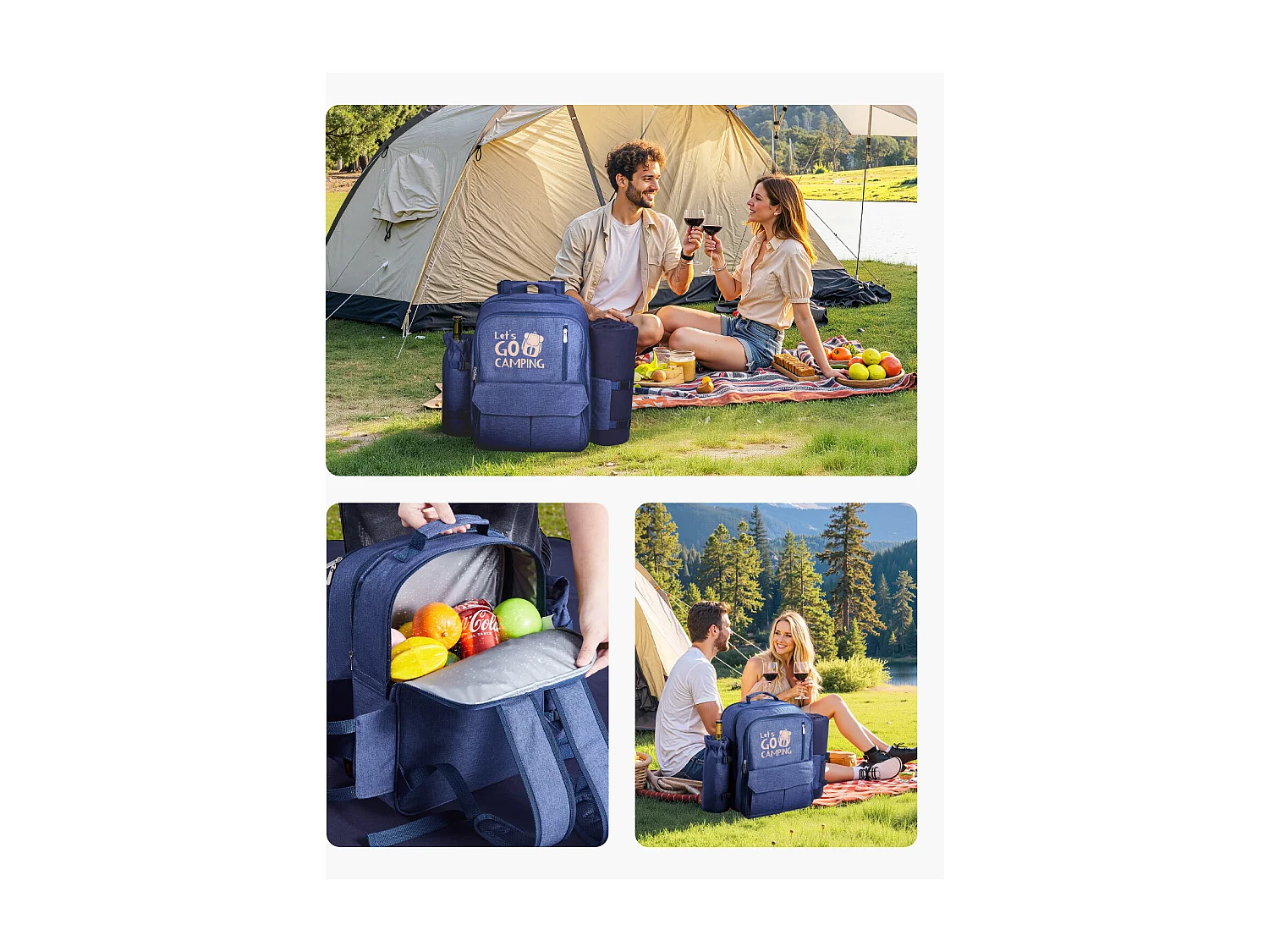 Sac à Dos Isotherme SucceBuy pour 4 Personnes, Sac à Dos de Pique-nique avec Compartiment Isotherme, Kit Assiettes et Couverts, pour Randonnée, Bleu Marine