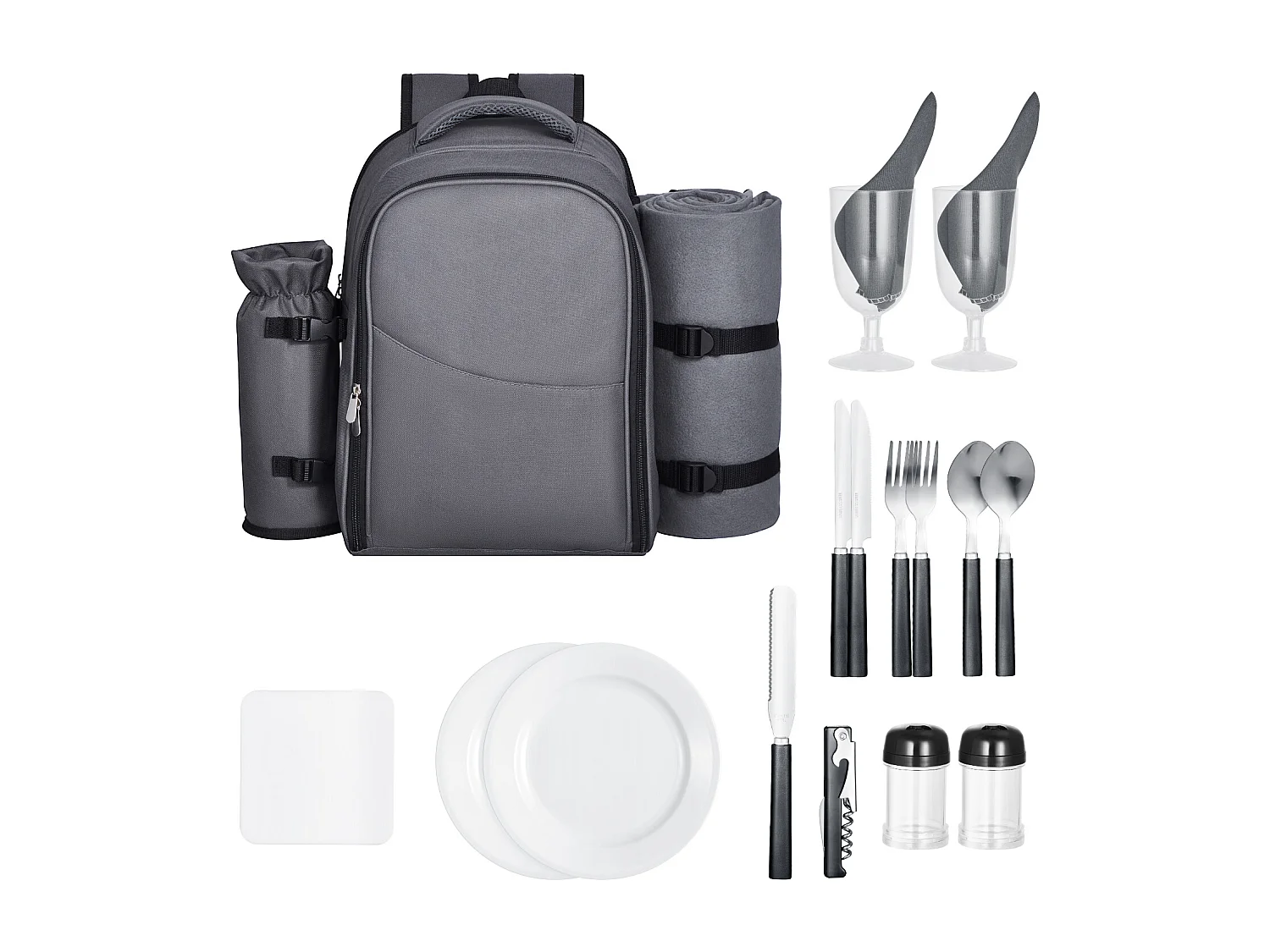 Isolierrucksack SucceBuy für 2 Personen, Picknickrucksack mit Isolierfach, Teller- und Besteckset, für Wanderungen, Grau