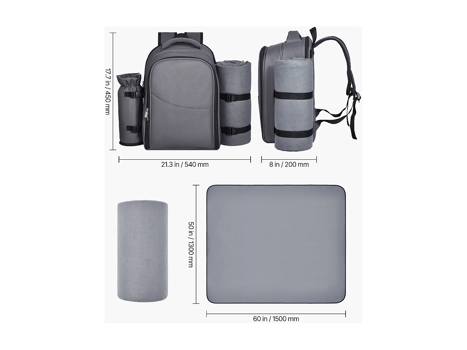 Isolierrucksack SucceBuy für 2 Personen, Picknickrucksack mit Isolierfach, Teller- und Besteckset, für Wanderungen, Grau