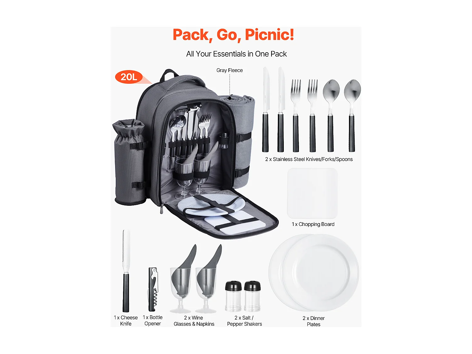 Isolierrucksack SucceBuy für 2 Personen, Picknickrucksack mit Isolierfach, Teller- und Besteckset, für Wanderungen, Grau