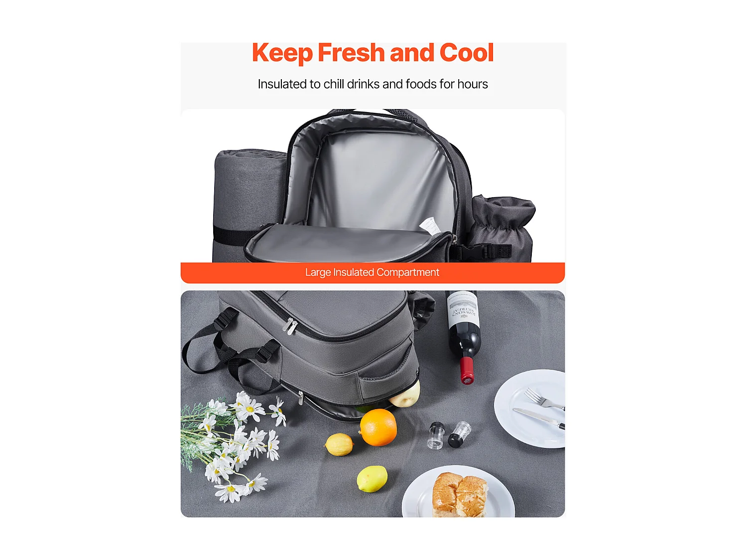 Isolierrucksack SucceBuy für 2 Personen, Picknickrucksack mit Isolierfach, Teller- und Besteckset, für Wanderungen, Grau