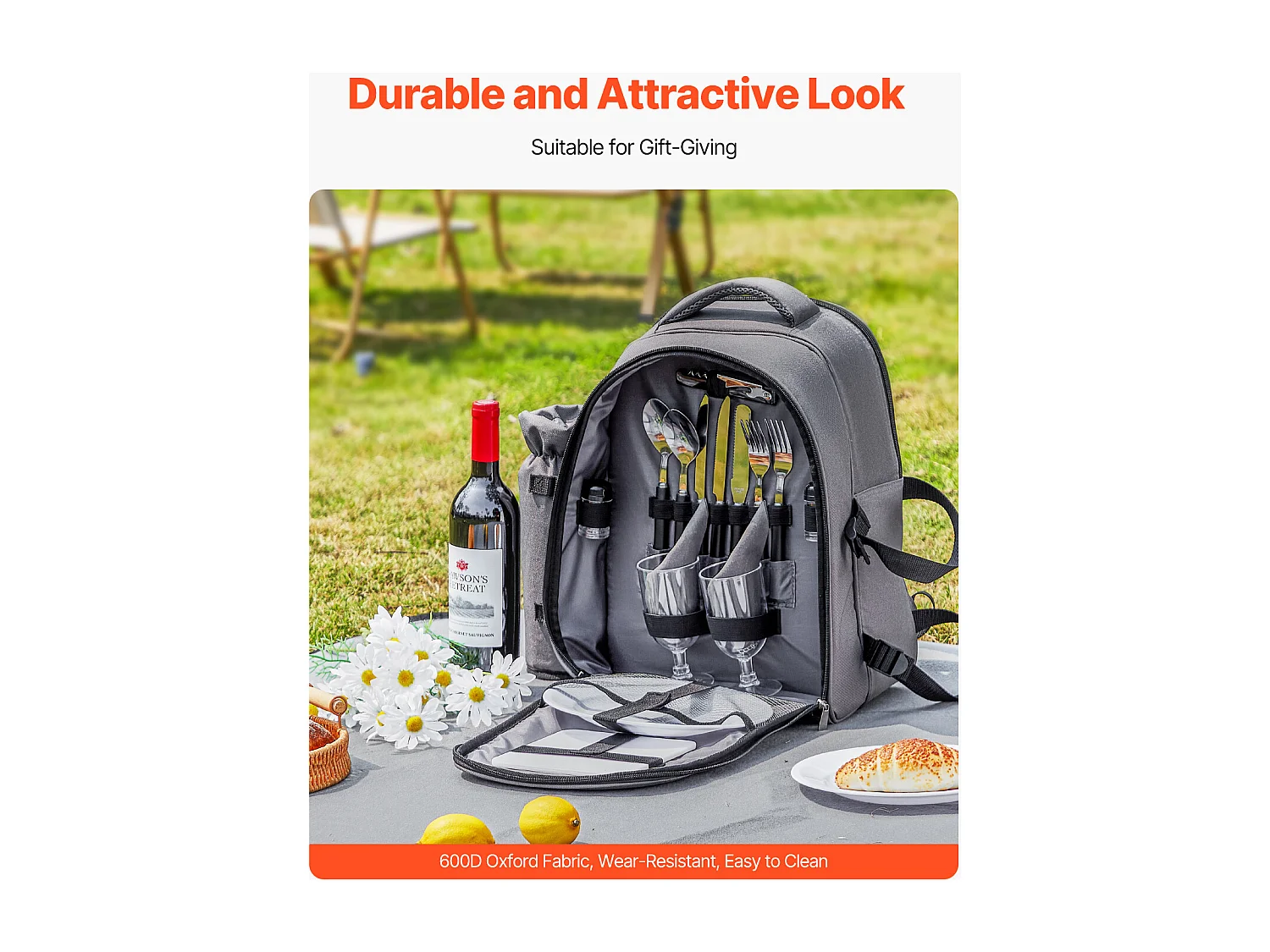 Isolierrucksack SucceBuy für 2 Personen, Picknickrucksack mit Isolierfach, Teller- und Besteckset, für Wanderungen, Grau