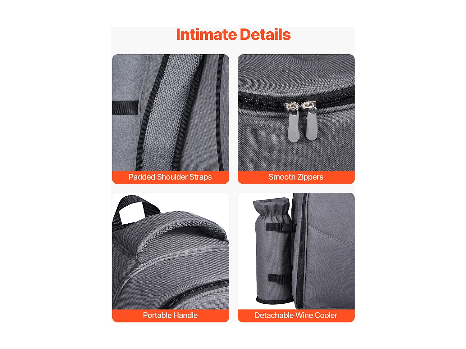 Isolierrucksack SucceBuy für 2 Personen, Picknickrucksack mit Isolierfach, Teller- und Besteckset, für Wanderungen, Grau